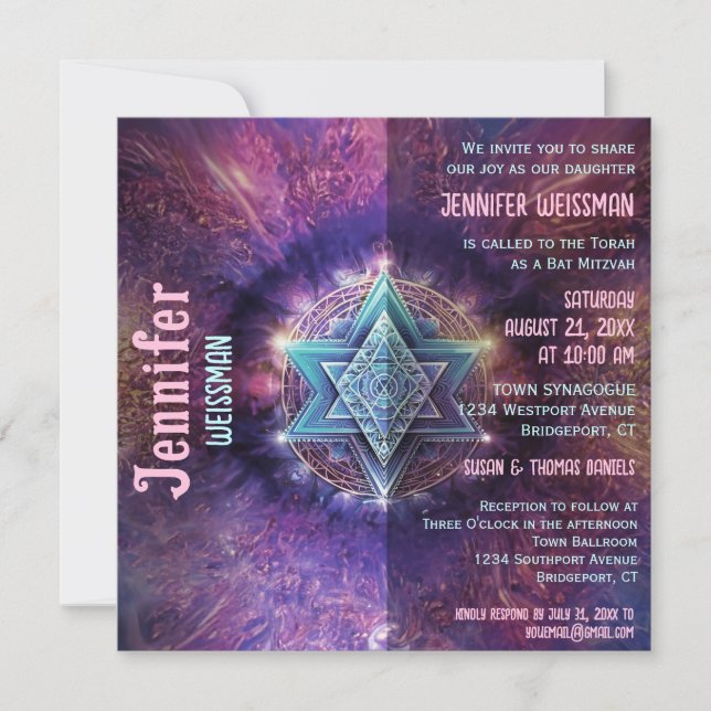 Colourful Fun Bat Mitzvah Neon Star Invitation (Front)