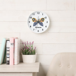 Colourful fun butterfly blue yellow dots stripe  clock