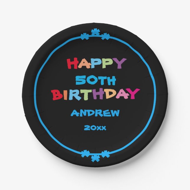 Colourful Fun Custom Name Year Date Happy Birthday Paper Plate (Front)