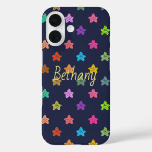Colourful Fun Doodle Stars on Blue Personalised iPhone 16 Case