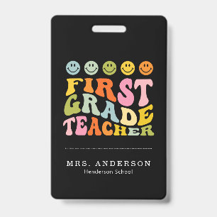 Colourful Fun First Grade Teacher Custom Name  Badge