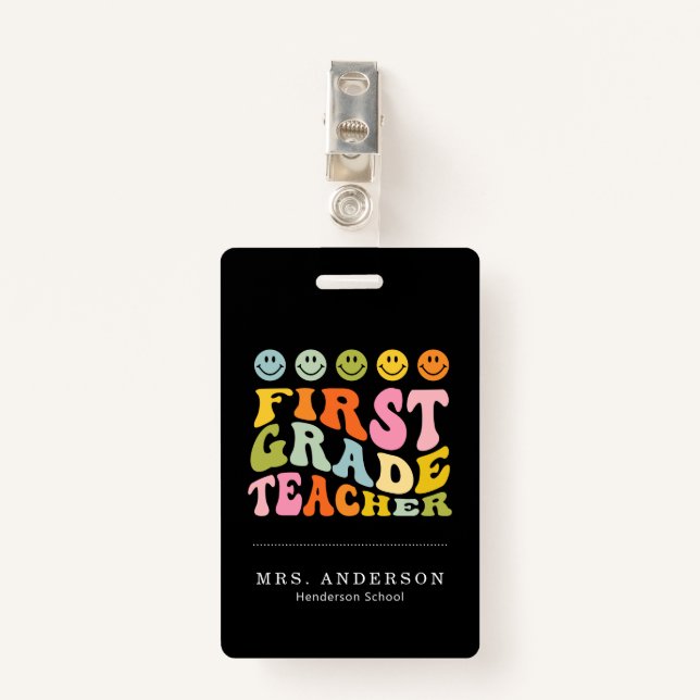 Colourful Fun First Grade Teacher Custom Name  Badge (Front with Clip)