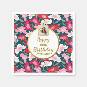 Colourful Fun Floral Any Age Custom Photo Birthday Napkin