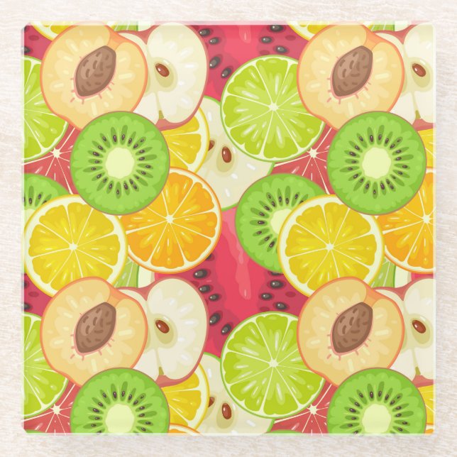 Colourful Fun Fruit Pattern Glass Coaster (Front)