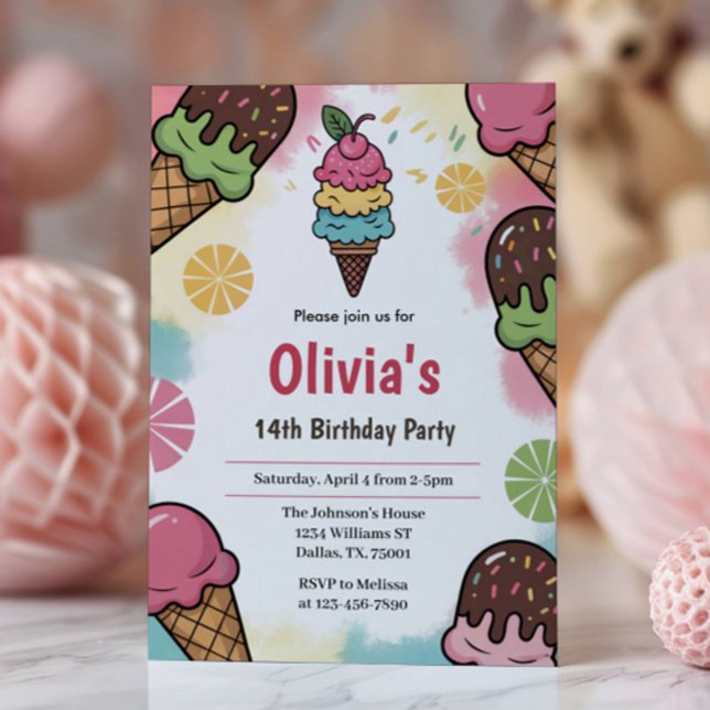 Colourful Fun Girls Ice Cream Birthday Party Invitation (Creator Uploaded)