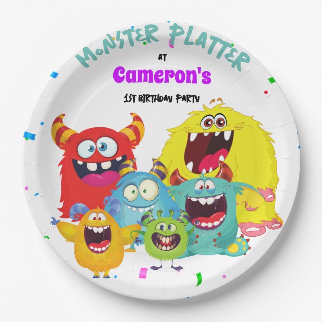 Colourful Fun Kawaii Monster Round Paper Plate (Front)