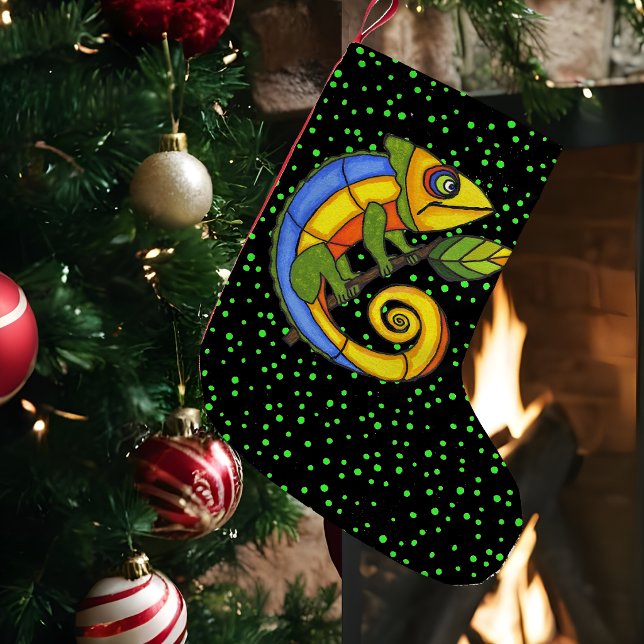 Colourful Fun Lizard Branch Dots Small Christmas Stocking (Abstract bright colourful lizard holding stick with leaf on green dots on black Christmas Stocking.)