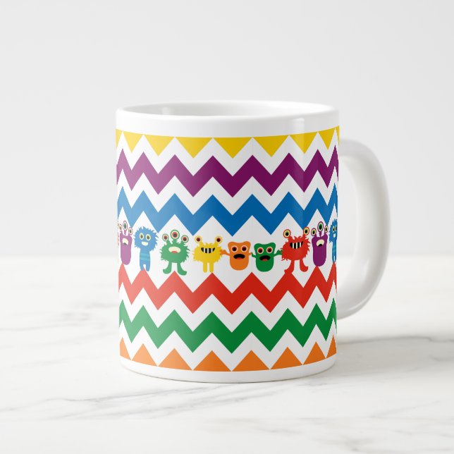 Colourful Fun Monsters Cute Chevron Striped Patter Large Coffee Mug (Front Right)