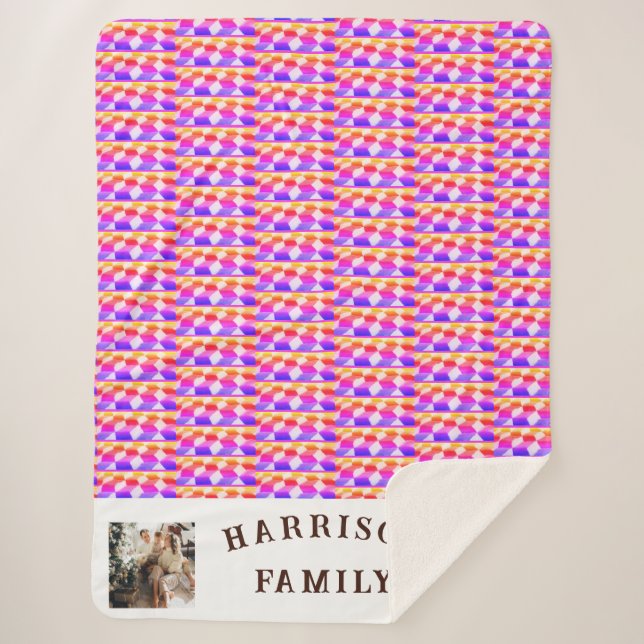Colourful Fun Pattern Family Photo and Name Sherpa Blanket (Front)
