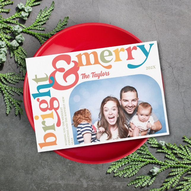 Colourful Fun Retro Merry & Bright Christmas Photo Holiday Card (merry & bright colorful retro typography and family photo christmas card)
