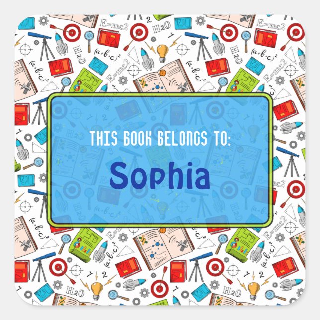 Colourful Fun School Science Pattern Personalized  Square Sticker (Front)