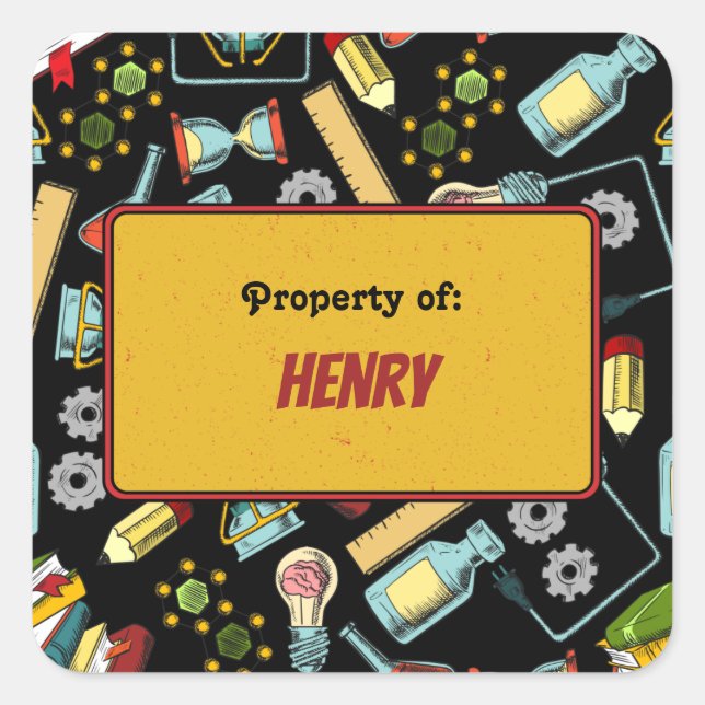 Colourful Fun School Science Pattern Personalized Square Sticker (Front)