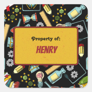 Colourful Fun School Science Pattern Personalized Square Sticker