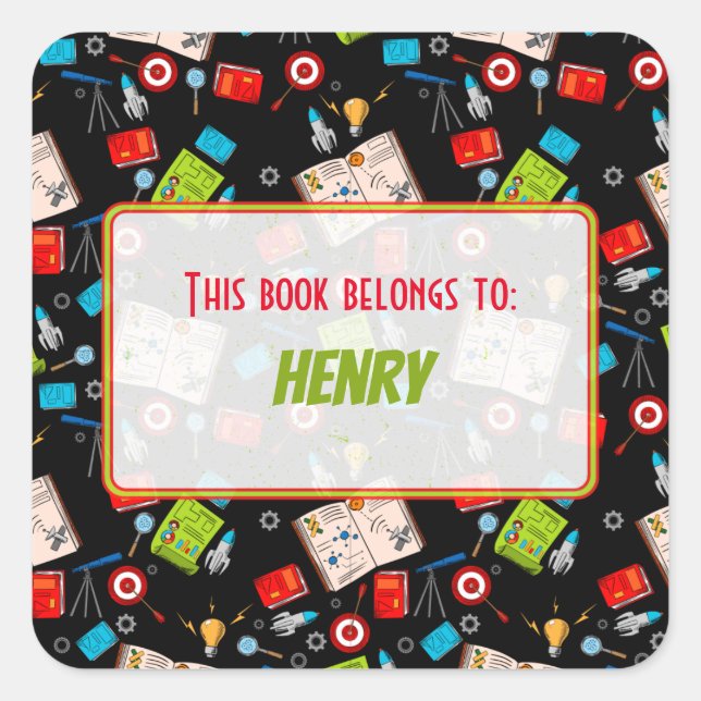 Colourful Fun School Science Pattern Personalized Square Sticker (Front)