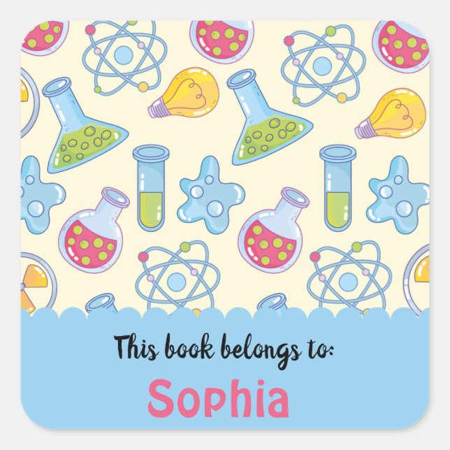 Colourful Fun School Science Pattern Personalized  Square Sticker (Front)
