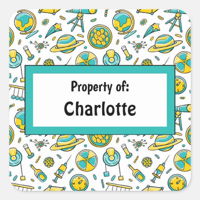 Colourful Fun School Science Pattern Personalized Square Sticker (Front)