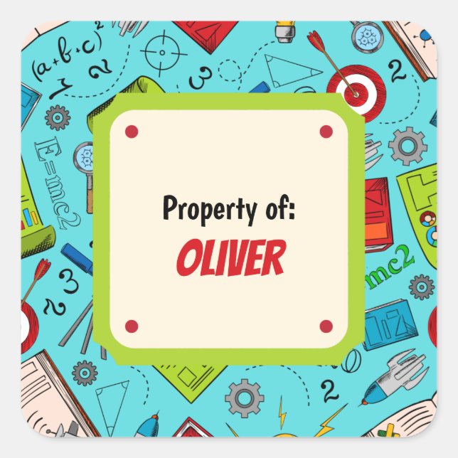 Colourful Fun School  Supplies Pattern Personalize Square Sticker (Front)