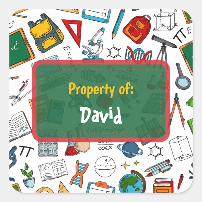 Colourful Fun School  Supplies Pattern Personalize Square Sticker (Front)