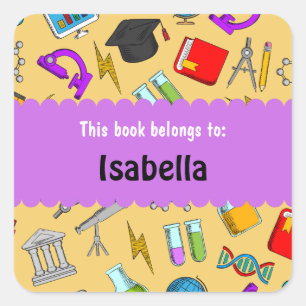 Colourful Fun School Supplies Pattern Personalized Square Sticker