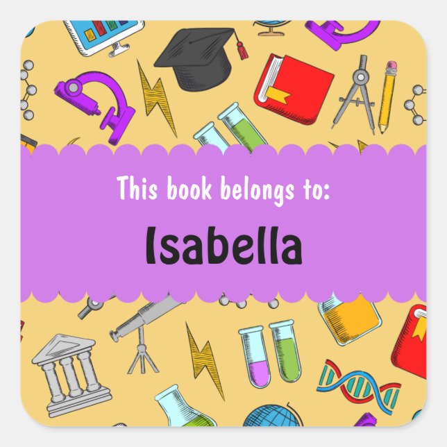 Colourful Fun School Supplies Pattern Personalized Square Sticker (Front)