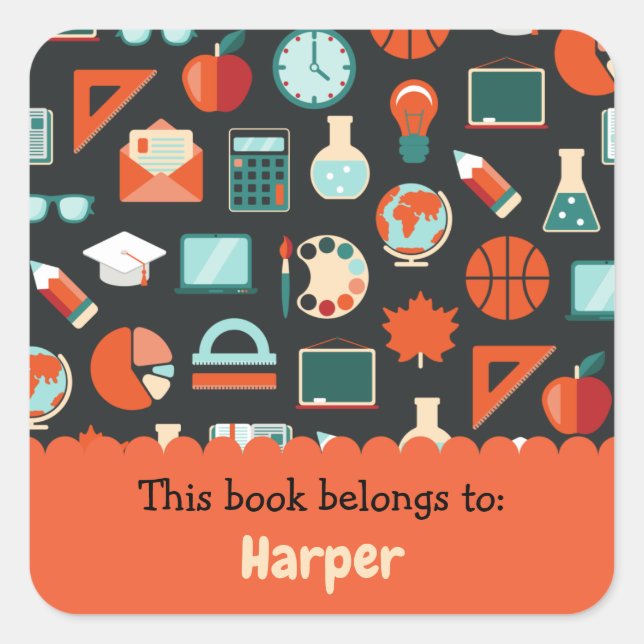 Colourful Fun School Supplies Pattern Personalized Square Sticker (Front)