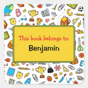 Colourful Fun School Supplies Pattern Personalized Square Sticker