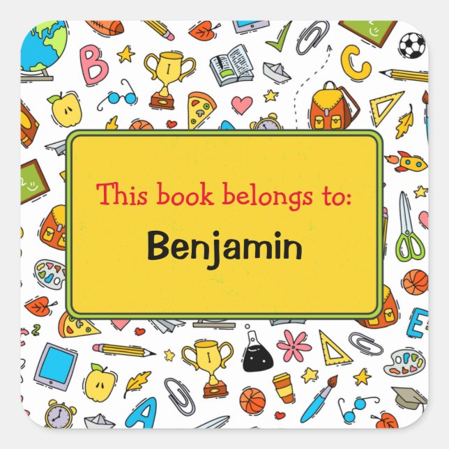 Colourful Fun School Supplies Pattern Personalized Square Sticker (Front)