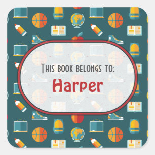 Colourful Fun School Supplies Pattern Personalized Square Sticker