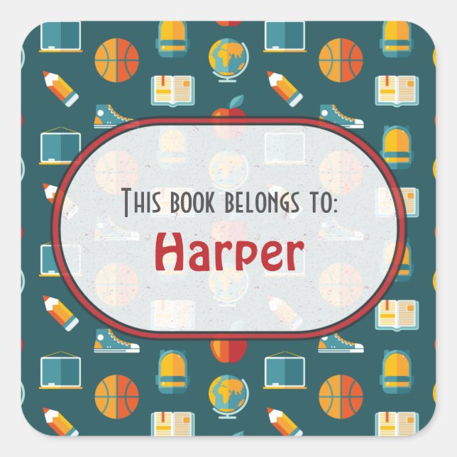 Colourful Fun School Supplies Pattern Personalized Square Sticker (Front)