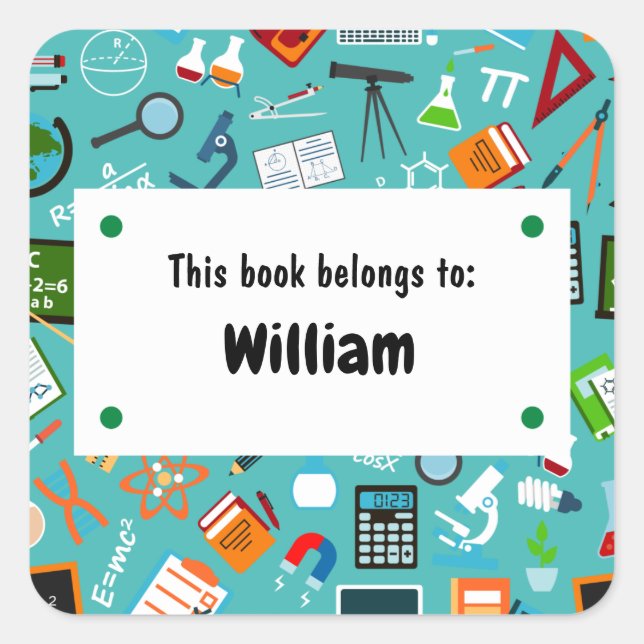 Colourful Fun School Supplies Pattern Personalized Square Sticker (Front)