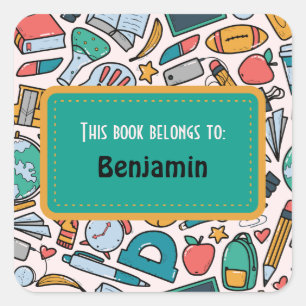 Colourful Fun School Supplies Pattern Personalized Square Sticker