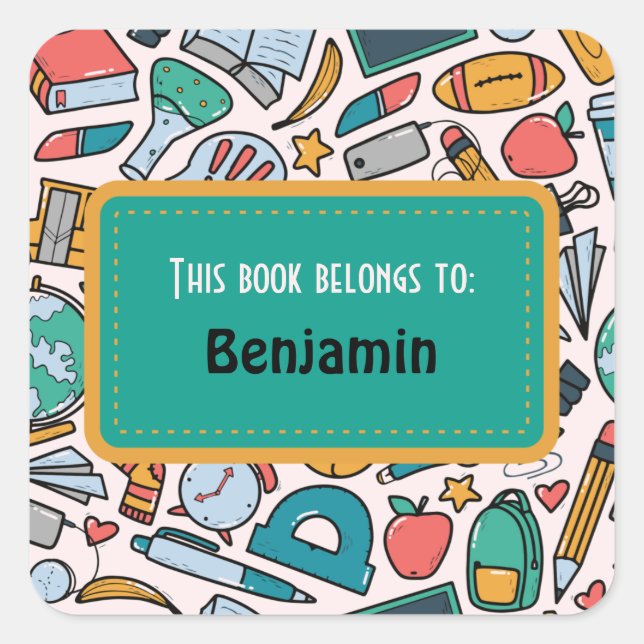 Colourful Fun School Supplies Pattern Personalized Square Sticker (Front)