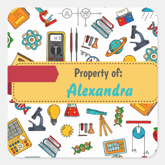 Colourful Fun School Supplies Pattern Personalized Square Sticker (Front)