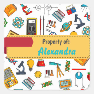 Colourful Fun School Supplies Pattern Personalized Square Sticker