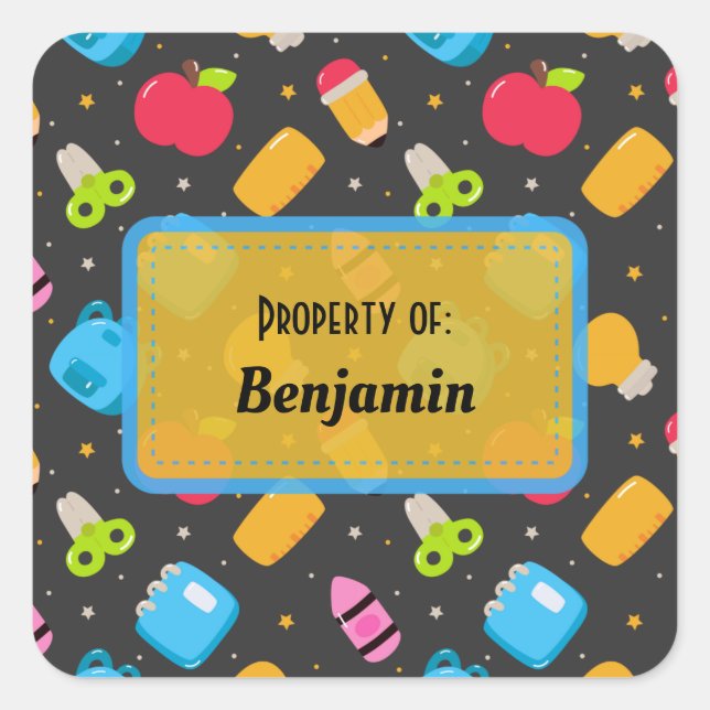 Colourful Fun School Supplies Pattern Personalized Square Sticker (Front)