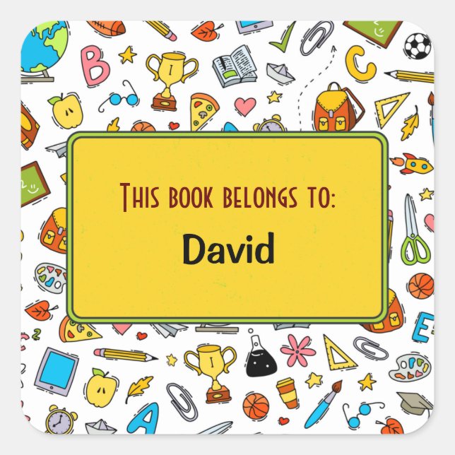 Colourful Fun School Supplies Pattern Personalized Square Sticker (Front)