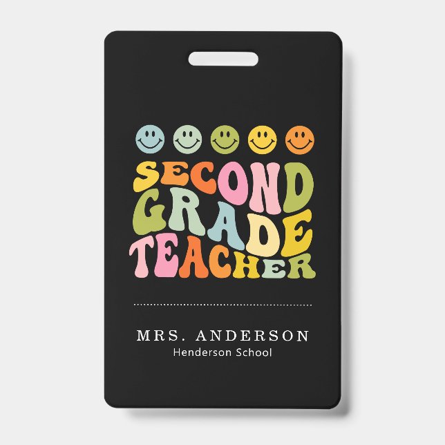 Colourful Fun Second Grade Teacher Custom Name Badge (Front)