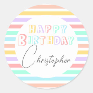 Colourful fun stripe happy birthday  classic round sticker