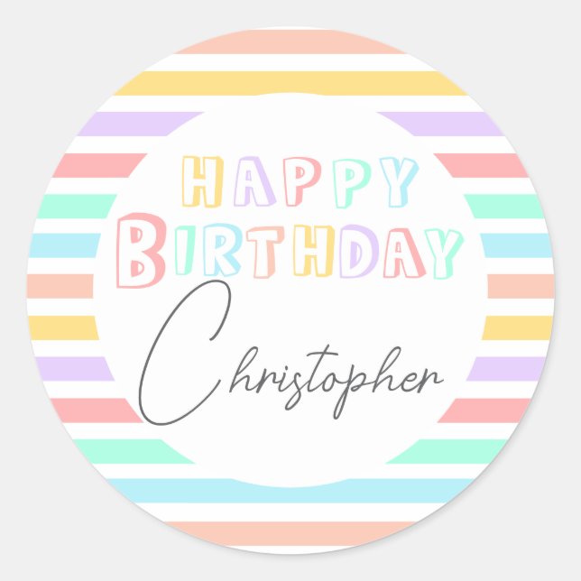 Colourful fun stripe happy birthday  classic round sticker (Front)