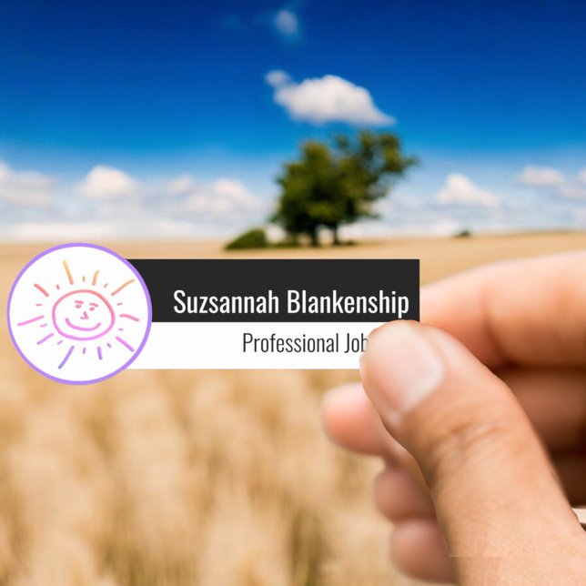 Colourful Fun Sun Face Small Business Style Design Name Tag (fun sun on horizontal black and white name tag)