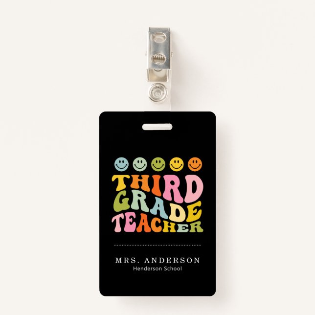 Colourful Fun Third Grade Teacher Custom Name Badge (Front with Clip)