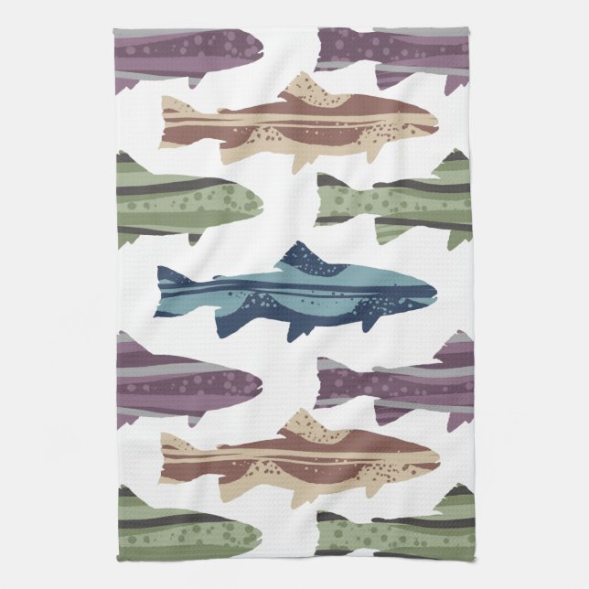 Colourful Fun Trout Fish Pattern Kitchen Towel (Vertical)