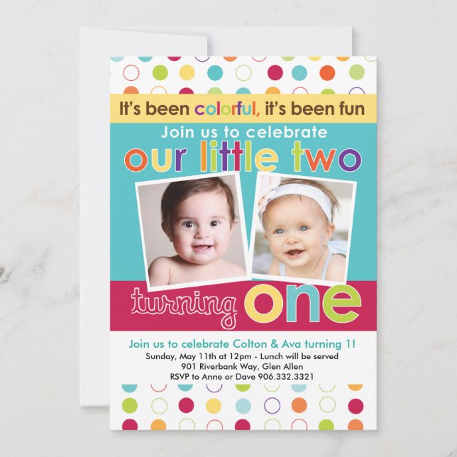 Colourful Fun Twins First Birthday Invitation (Front)
