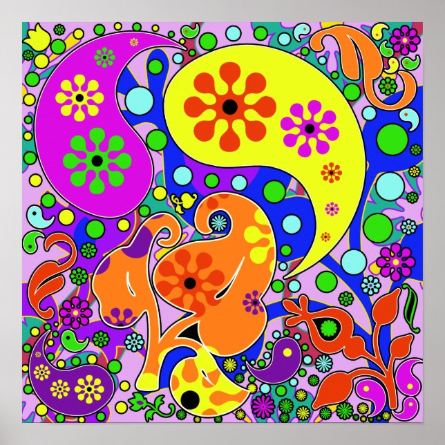 Colourful Funky Flowers Retro Paisley Hippie Poster (Front)