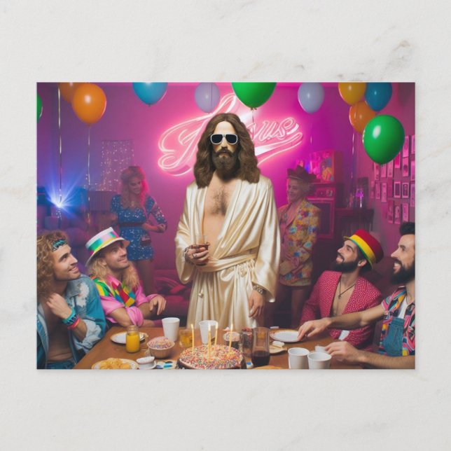 Colourful Funny 1980s Happy Birthday Jesus Postcard (Front)