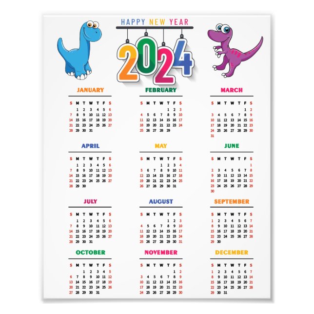 Colourful Funny Dinosaur 2024 Calendar  Photo Print (Front)