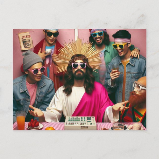 Colourful Funny Jesus at his Birthday Punk Rock Postcard (Front)