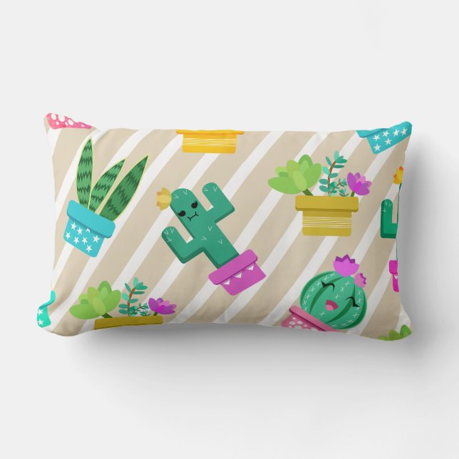 Colourful Funny Kawaii Cactus & Succulents Lumbar Pillow (Front)