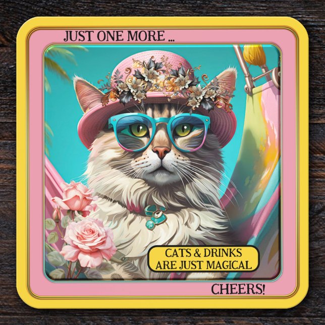 Colourful Funny Magical Cat Coaster (Funny coaster featuring a colorful image of a kitty in a happy hippie mood. )