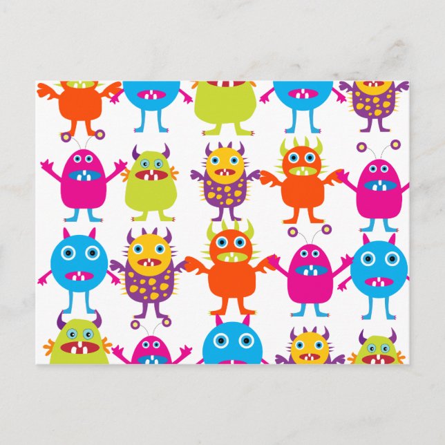 Colourful Funny Monster Party Creatures Bash Postcard (Front)